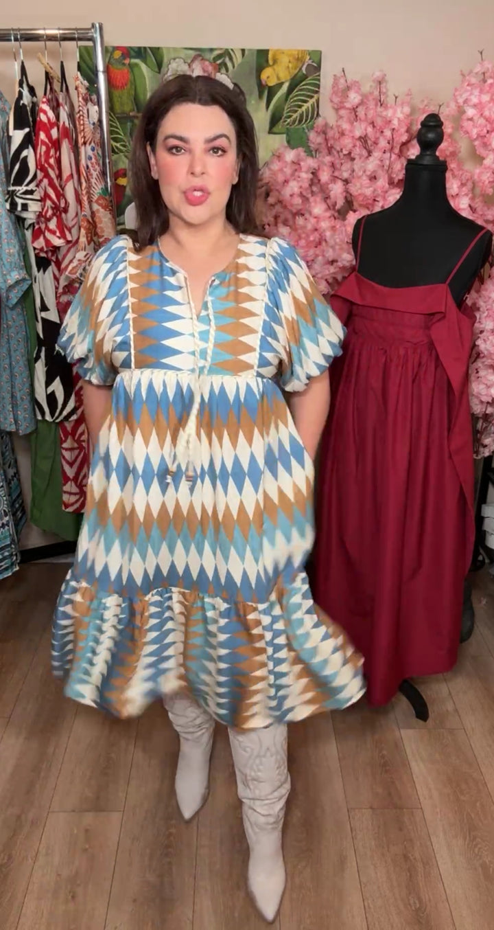 Vestido azul mocha y beige estampado diamante midi (#148)