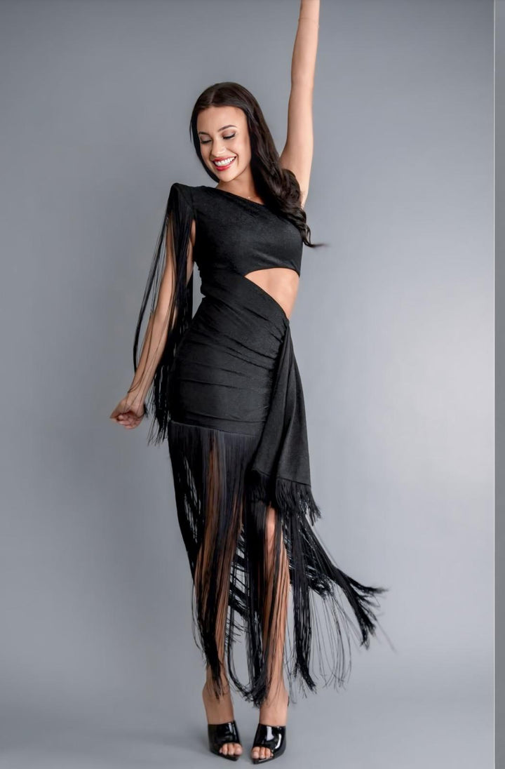 Vestido Negro Stretch Metalico Barbas Tulum Lux (#203)