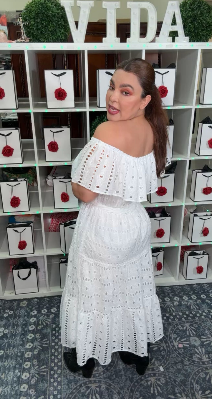 Vestido Blanco Eyelet Off Shoulder Cintura Elastica (#362)