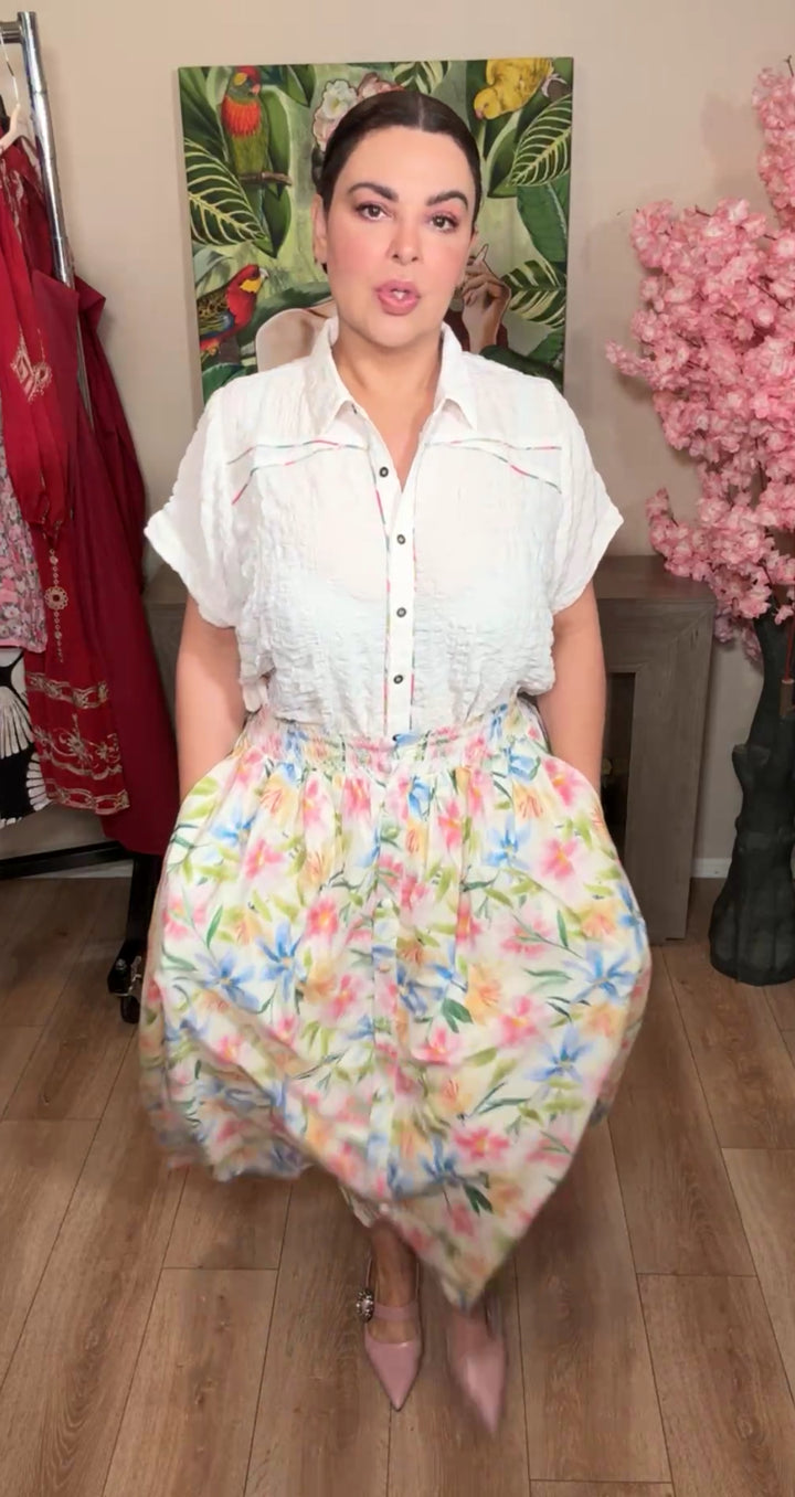 Falda Blanca floral pastel cintura elástica (#127)