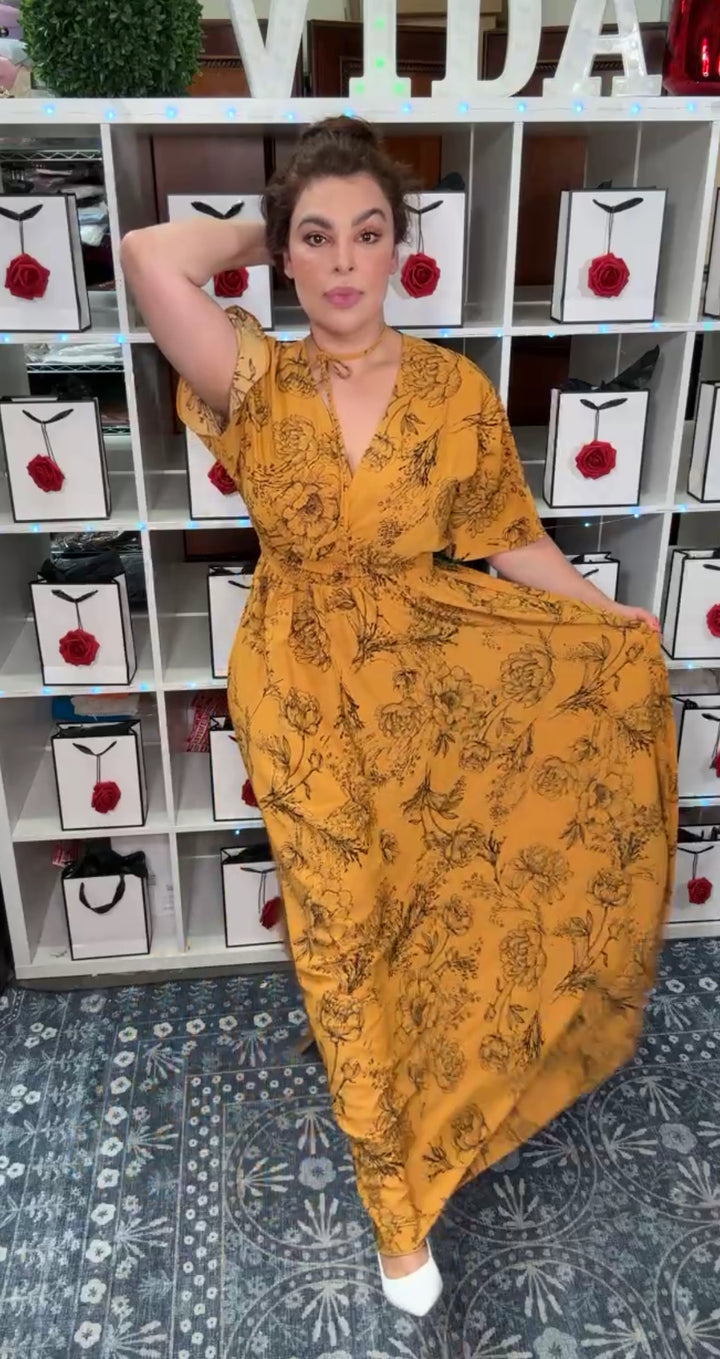 Vestido Mostaza Floral Maxi Cintura Stretch