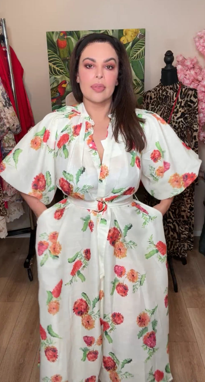 vestido crema flor multi con cinto relax maxi (#127)