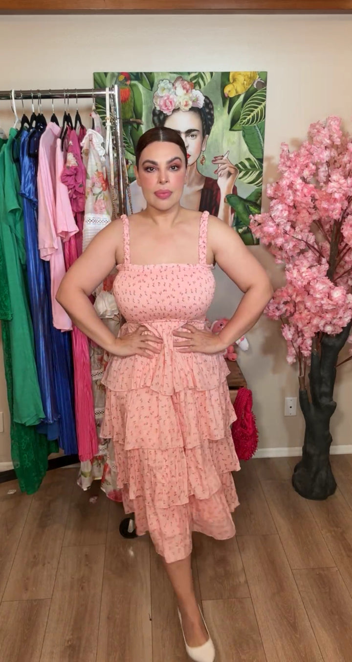 Vestido Durazno Floral Volantes Semi Satinado (#154)