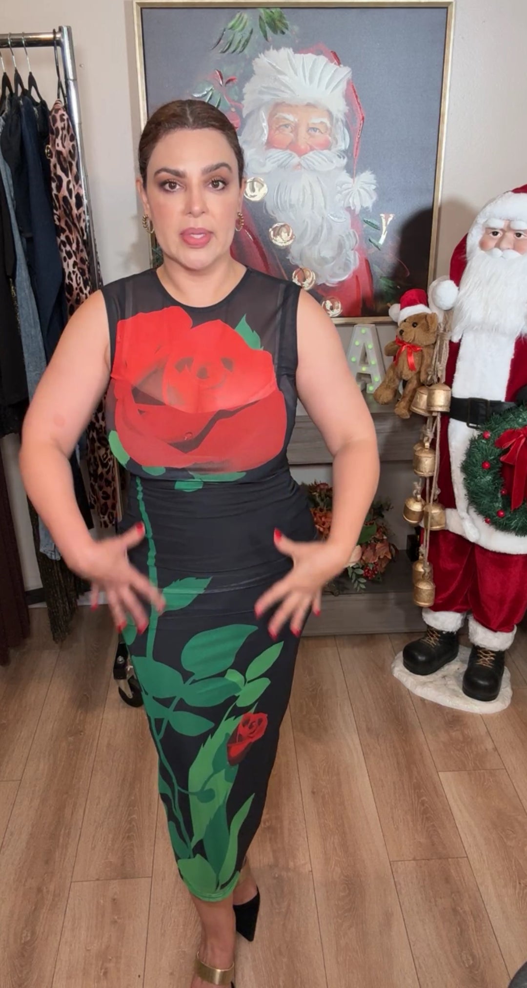 Vestido negro flor roja malla midi super stretch (#129)