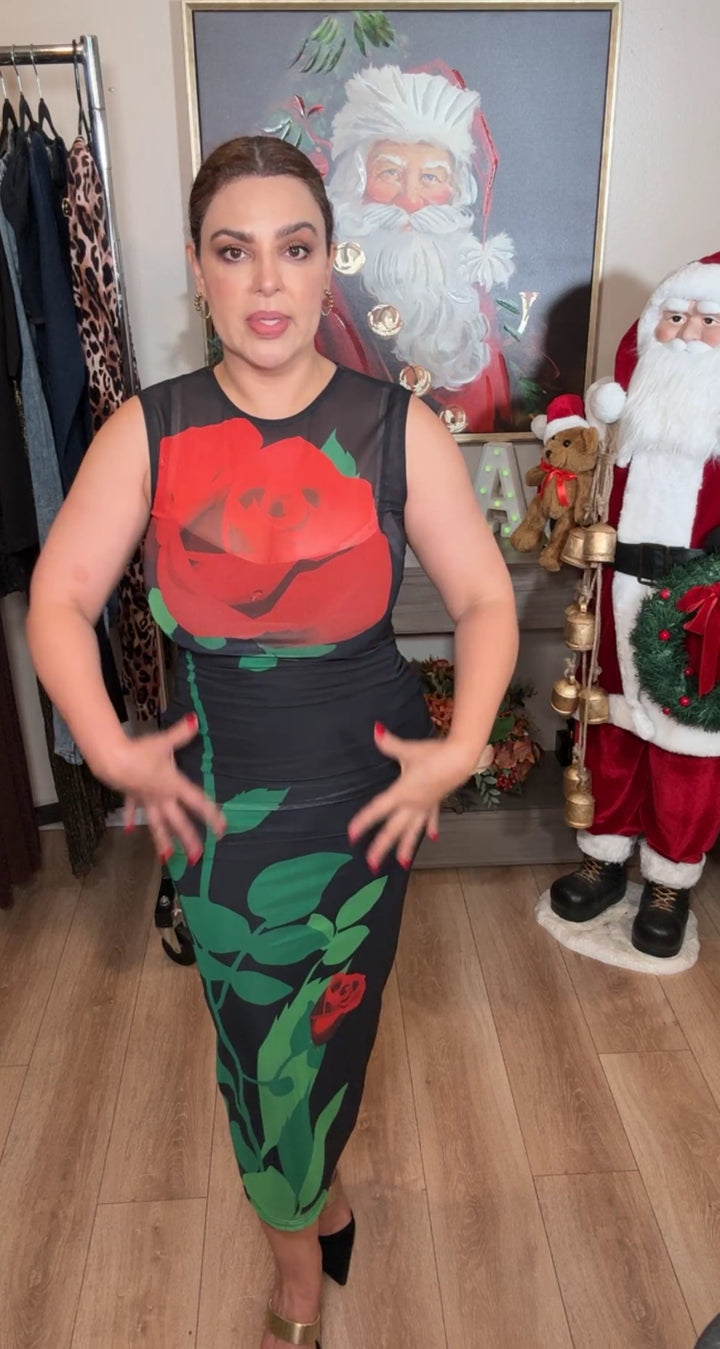 Vestido negro flor roja malla midi super stretch (#129)