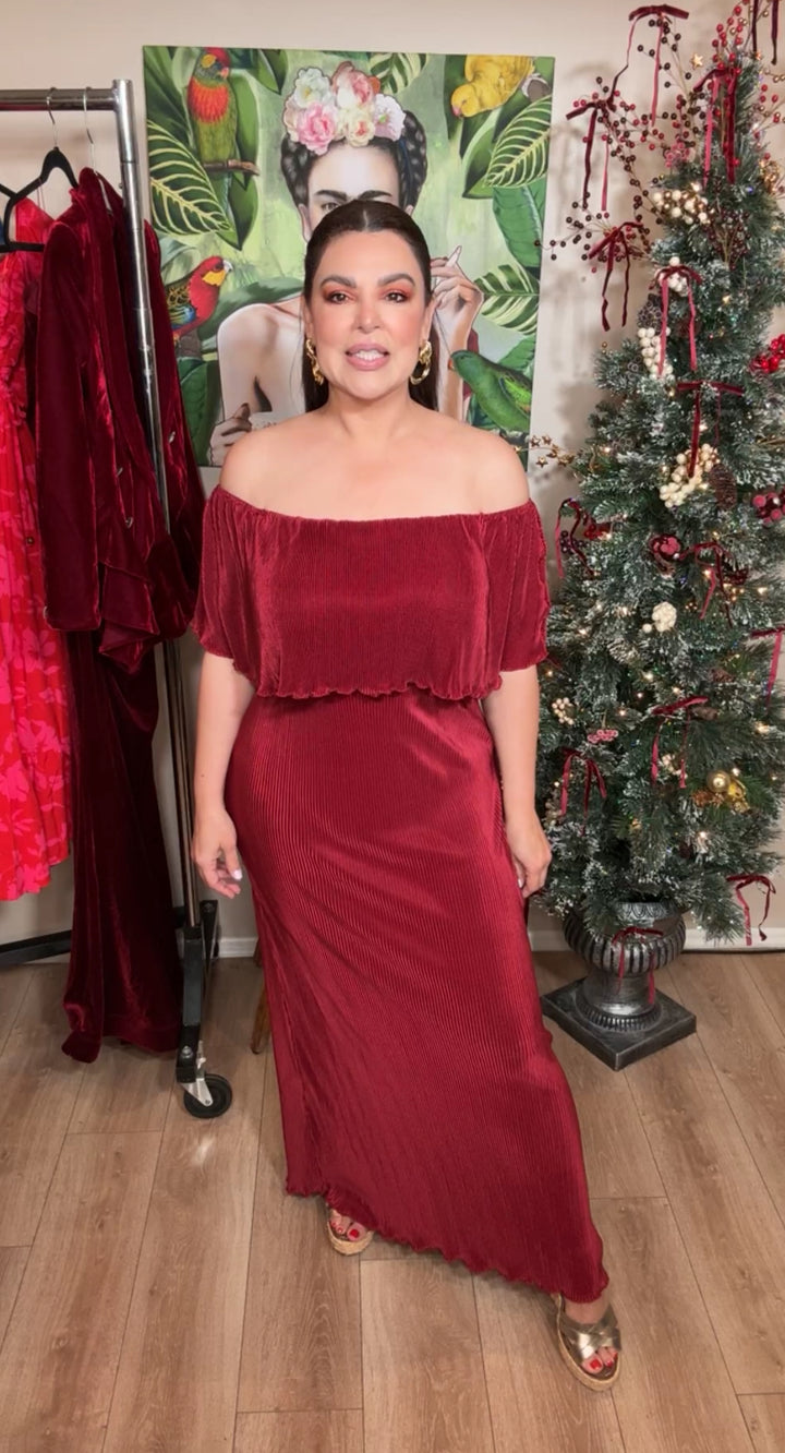 Vestido Guinda Corrugado Off Shoulder Maxi (#139)