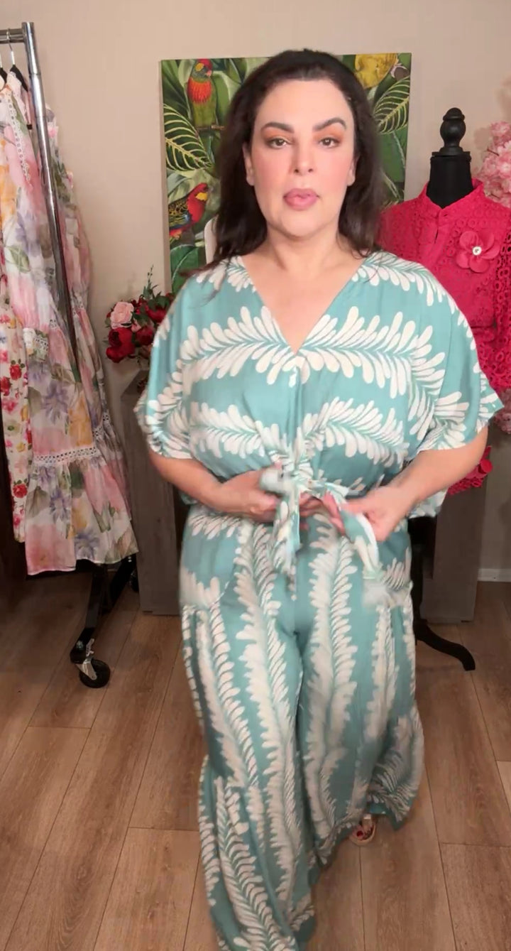 enterizo menta y blanco tropical pierna campana (#132)