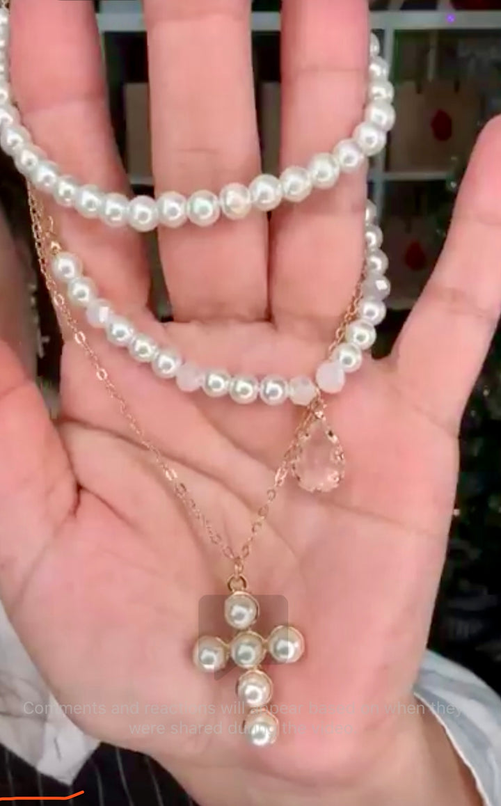 Collar Perla Cruz y Gota Cristal (#115)