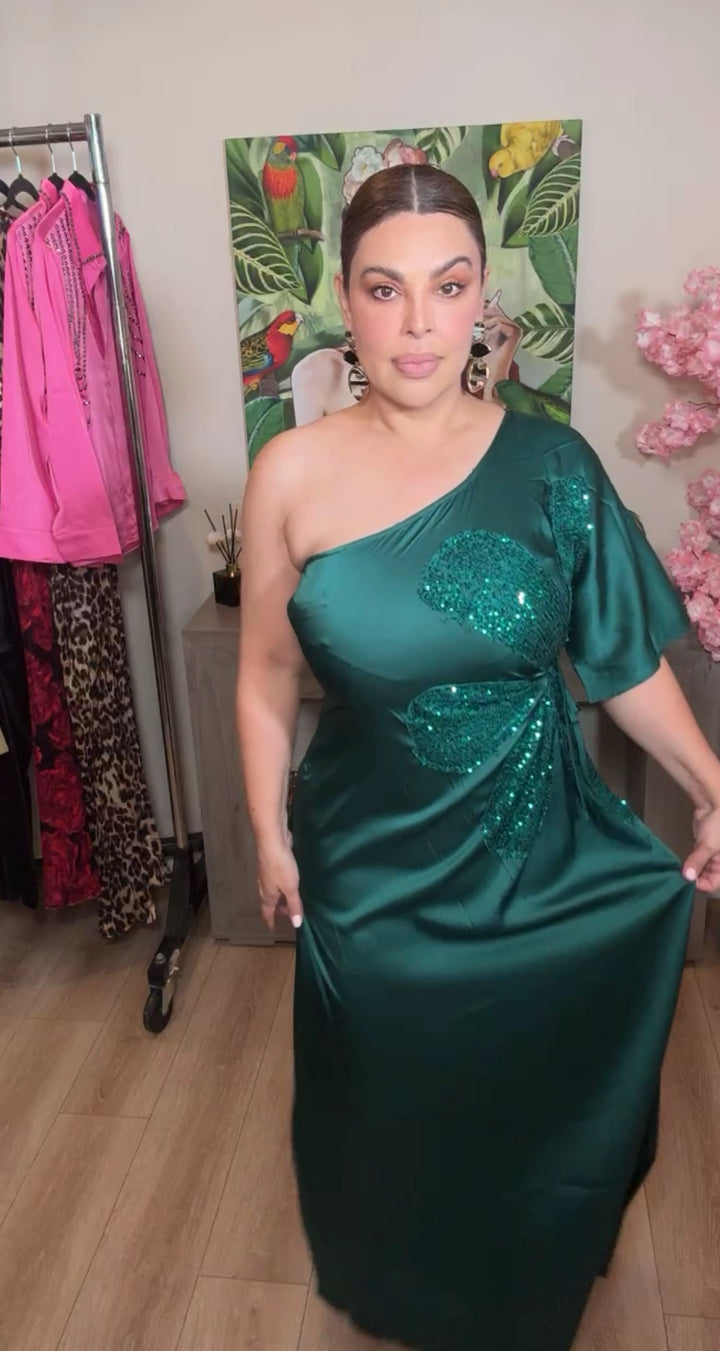 Vestido Verde Esmeralda Satinado Una Manga Flor Lentejuela Maxi (#112)
