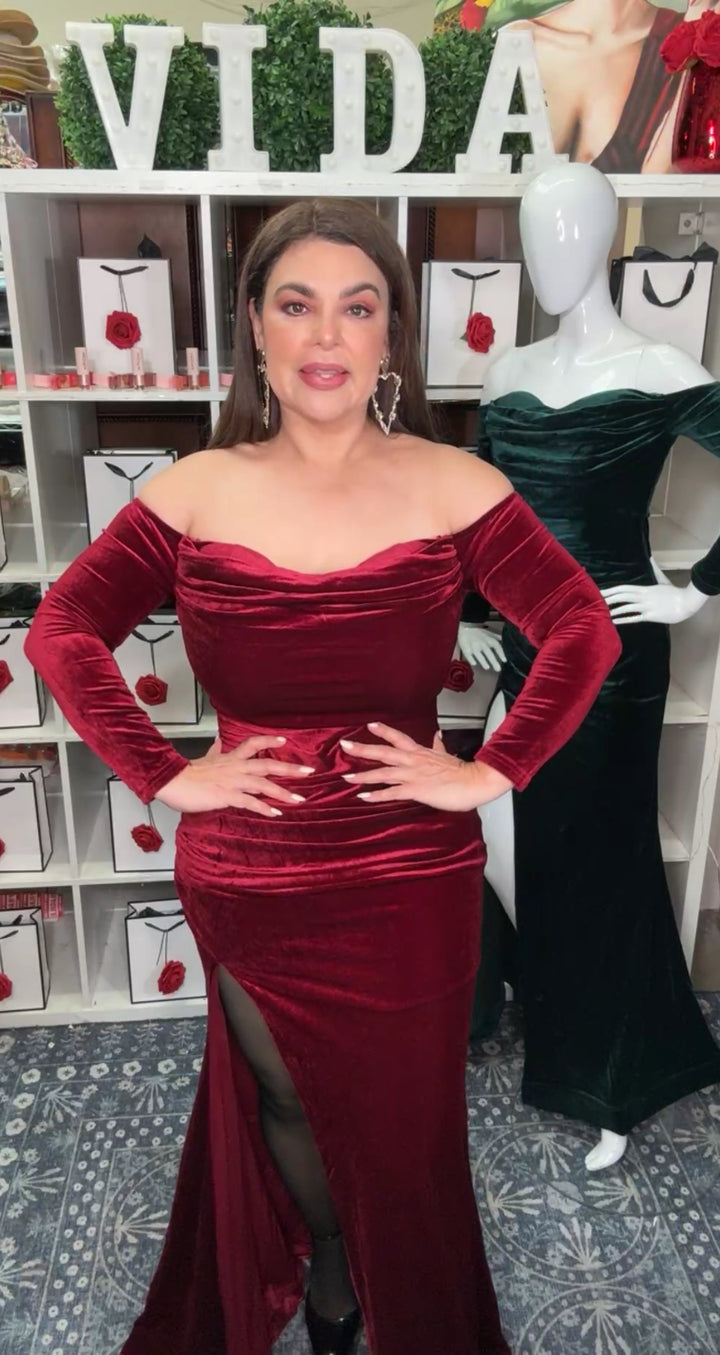 Vestido Vino Terciopelo Gala Stretch Maxi (#141)