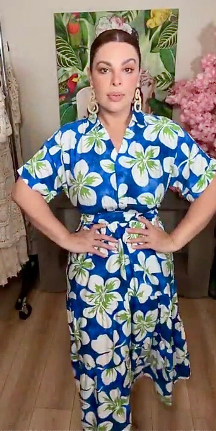 Vestido Azul Flores Blancas Y Lima Flowy Midi (#127)
