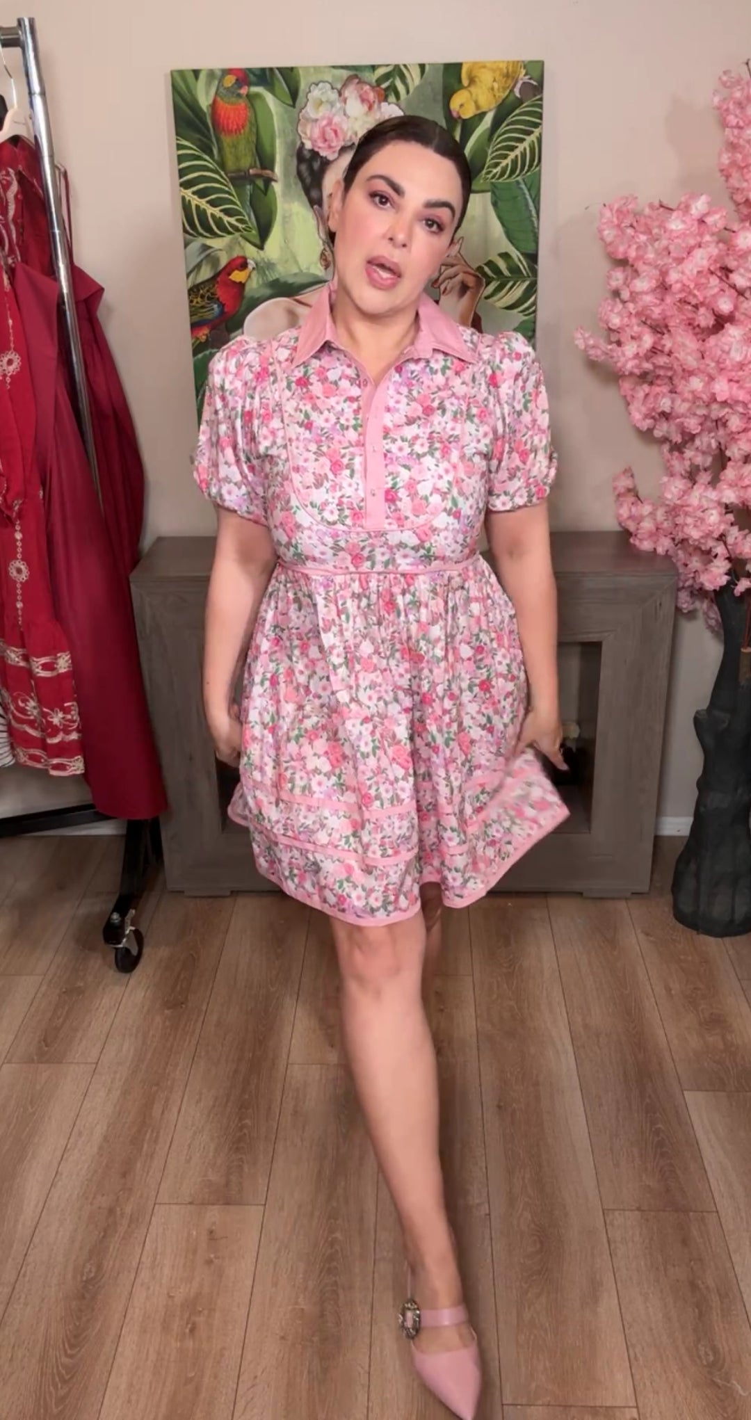 vestido rosa blush floral abotonado mini (#150)