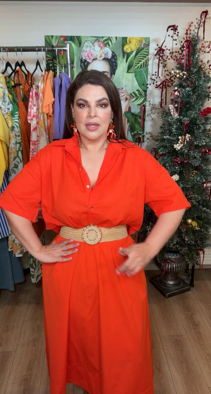 Set Rojo Coral Vaporoso Camisa y Falda Midi Cintura Elastica (#172)