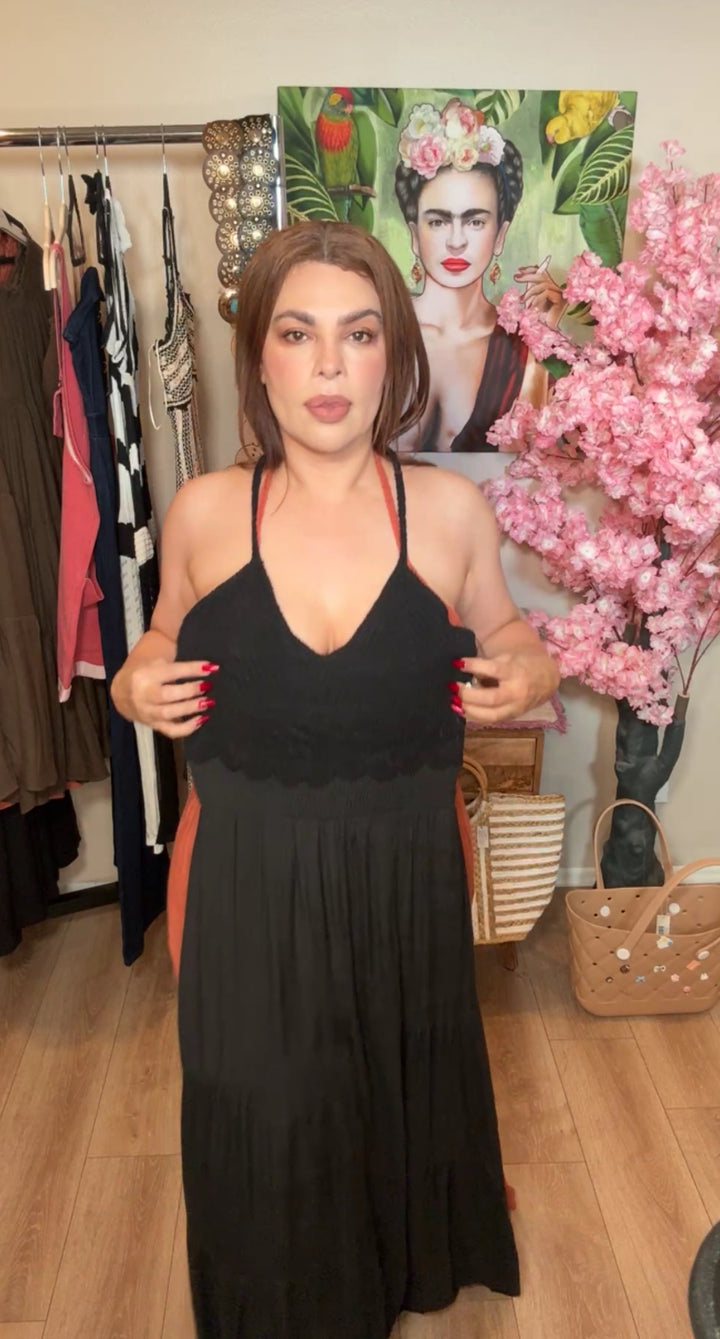 Enterizo Negro Crochet Y Gaza Palazzo Halter  (#155)