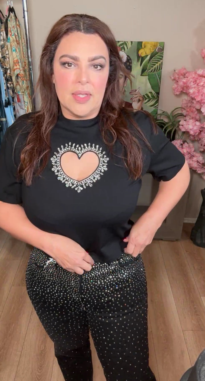Blusa negra corazón peekaboo pedrería material alta calidad stretch (#117)