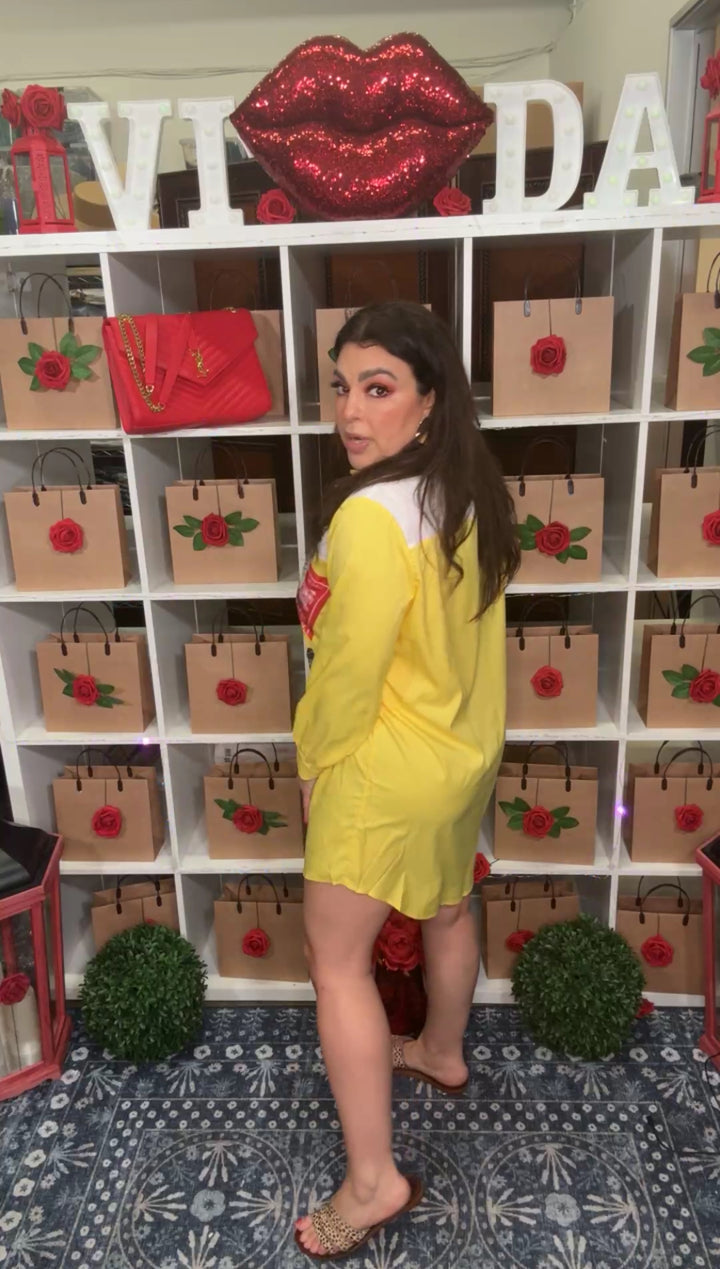 Vestido Amarillo y Blanco Parches Estilo Camisa (#338)