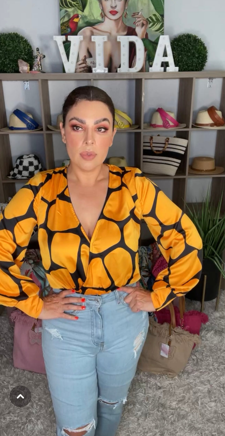 Blusa Naranja y Negro Body Girafa Satin (#142)