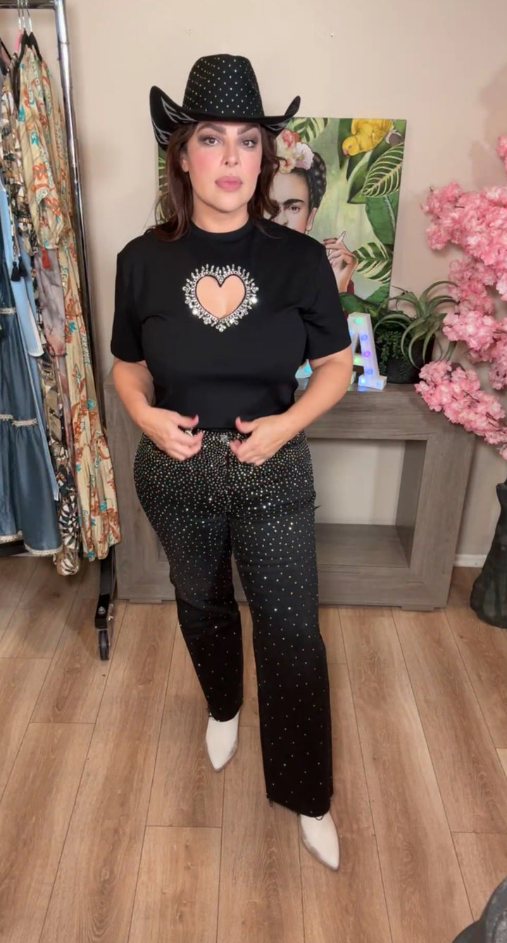Pantalón negro con pedrería cristalina mezclilla stretch