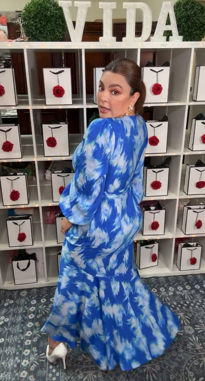 Vestido Blanco y Azul High Low Wrap Effect (#369)