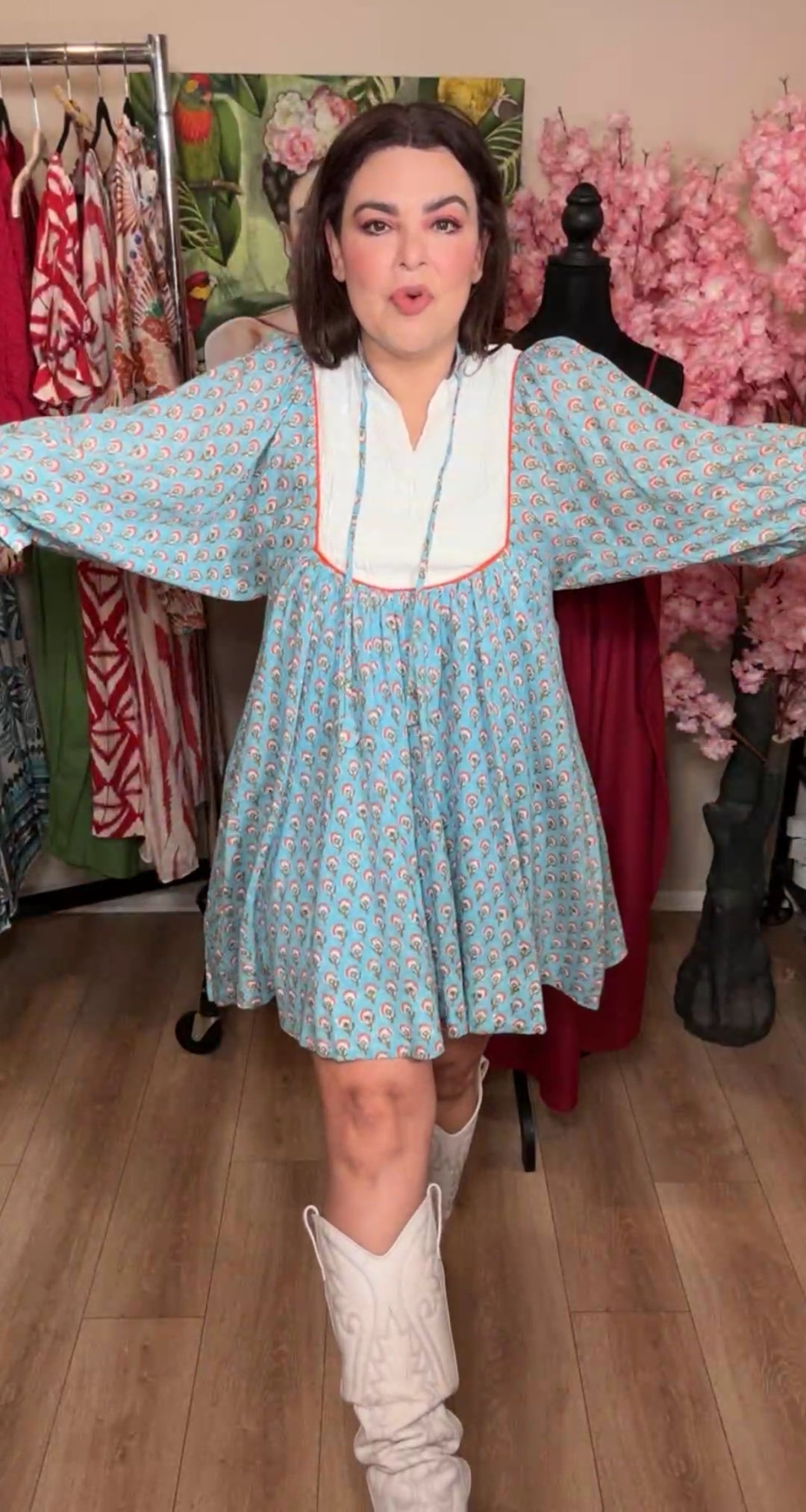 Vestido azul cielo pechera beige western (