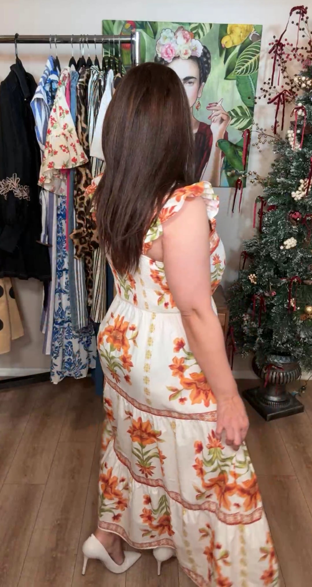 Vestido Beige Flor Marron Espalda Algodon Maxi Elastica (#170)