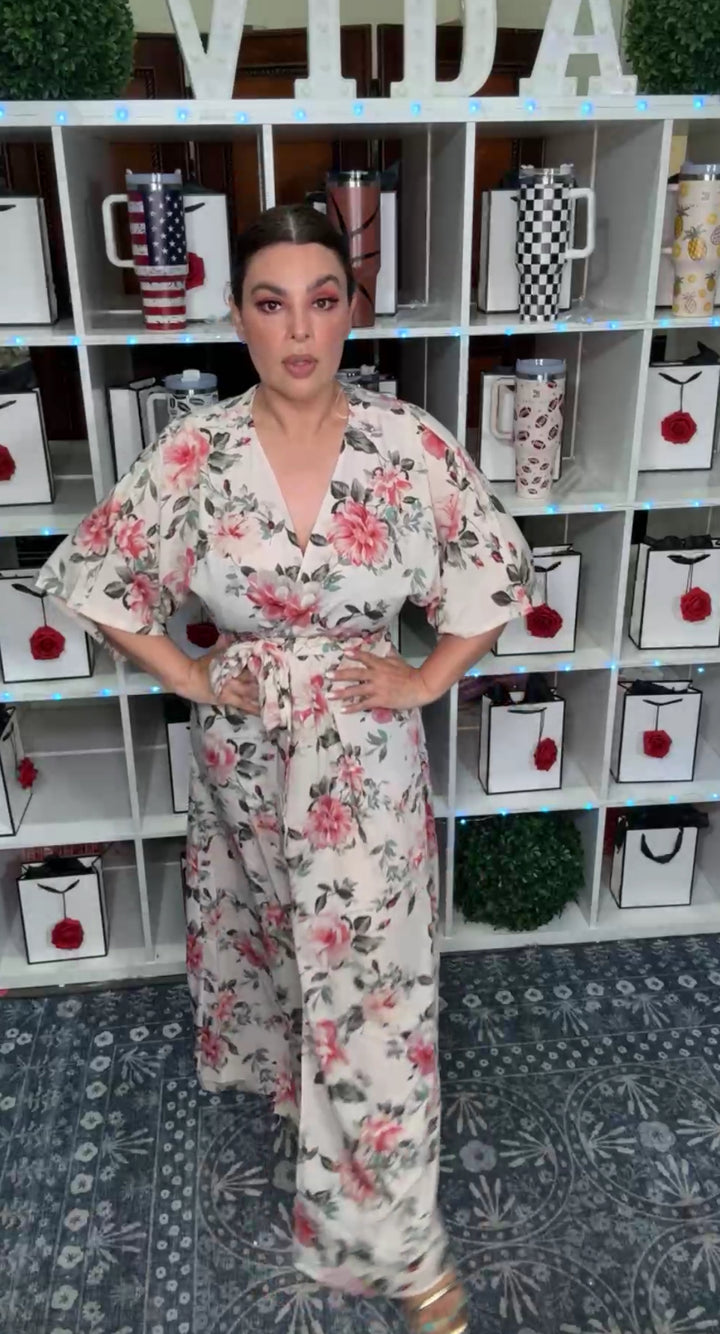 Vestido Beige Flor Rosa Estilo Kimono Maxi