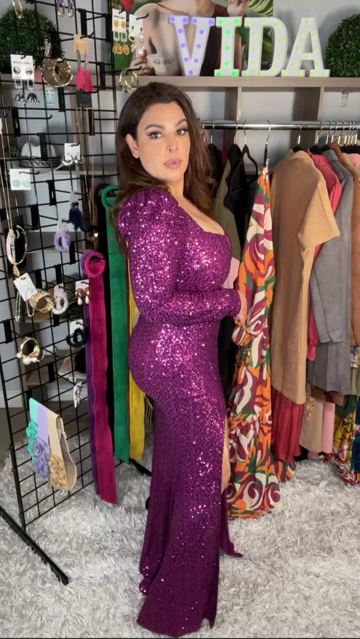 Vestido Magenta Lentejuelas Busto Transparencia Gala (#174)