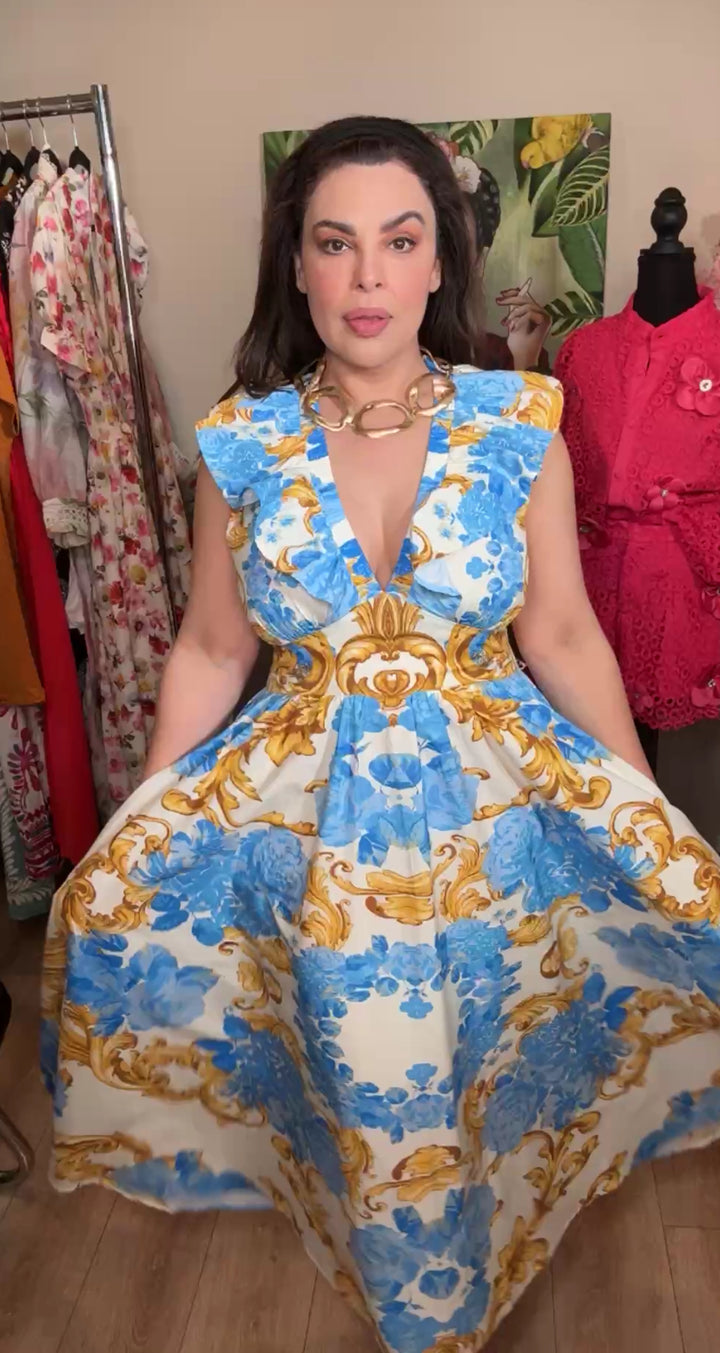 vestido blanco con detalles azul y oro Santorini (#140)