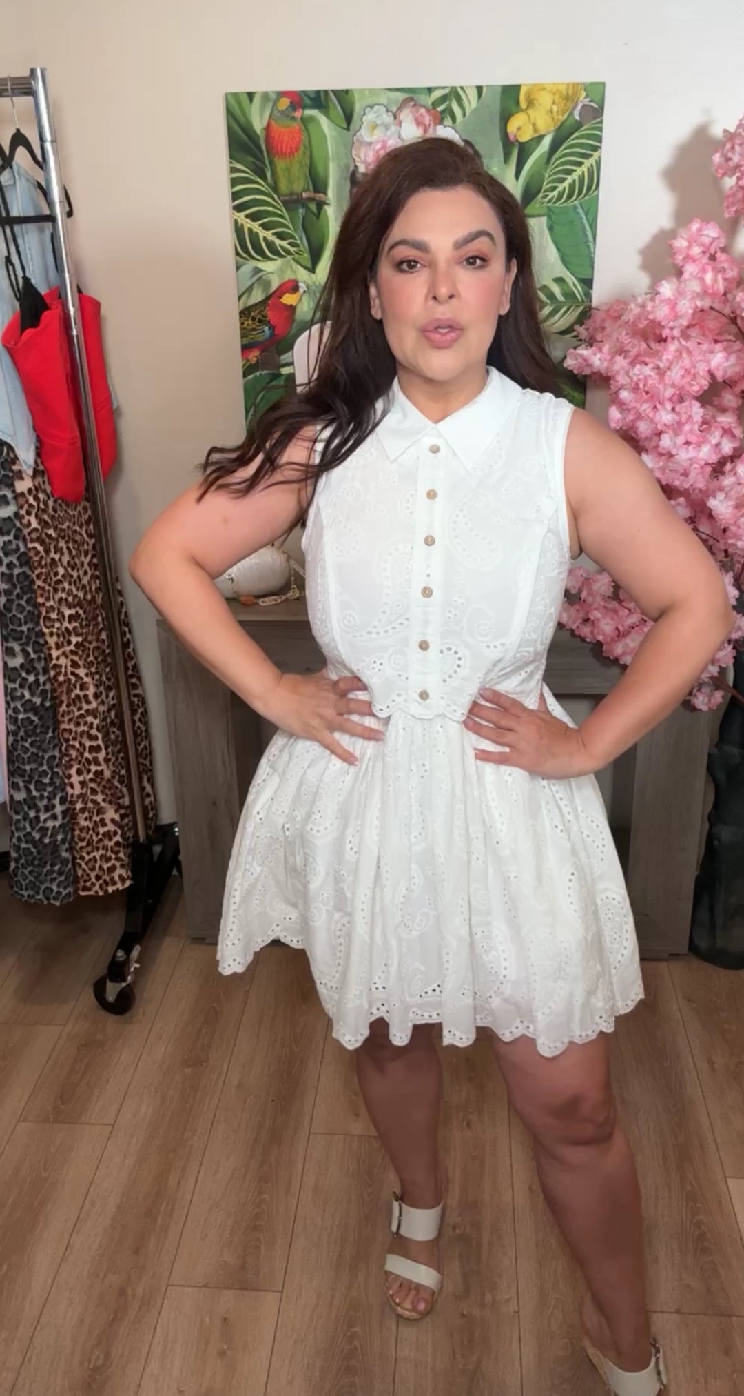 Vestido Blanco Eyelet Efecto Doble Boton Corcho Mini (#130)