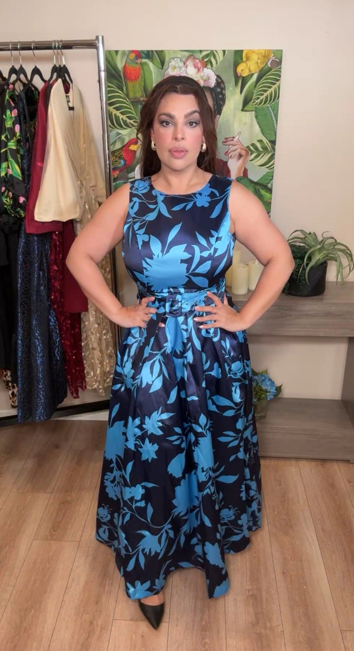 Vestido azul marino multi floral gala maxi espalda libre (#104)