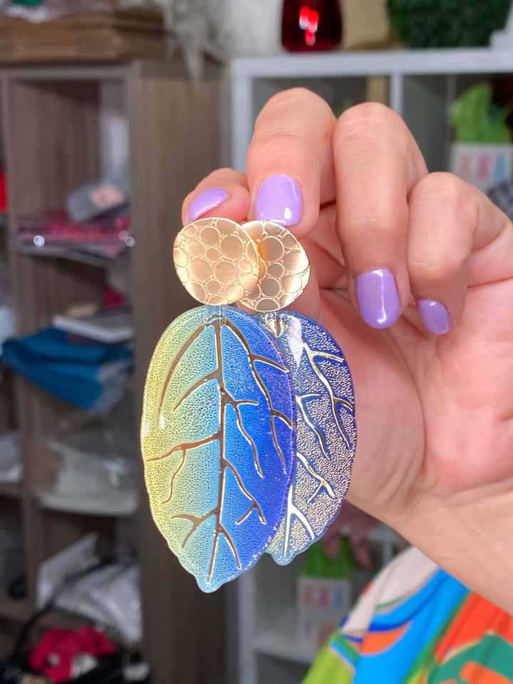 Arete Azul y Verde Hoja con Dorado