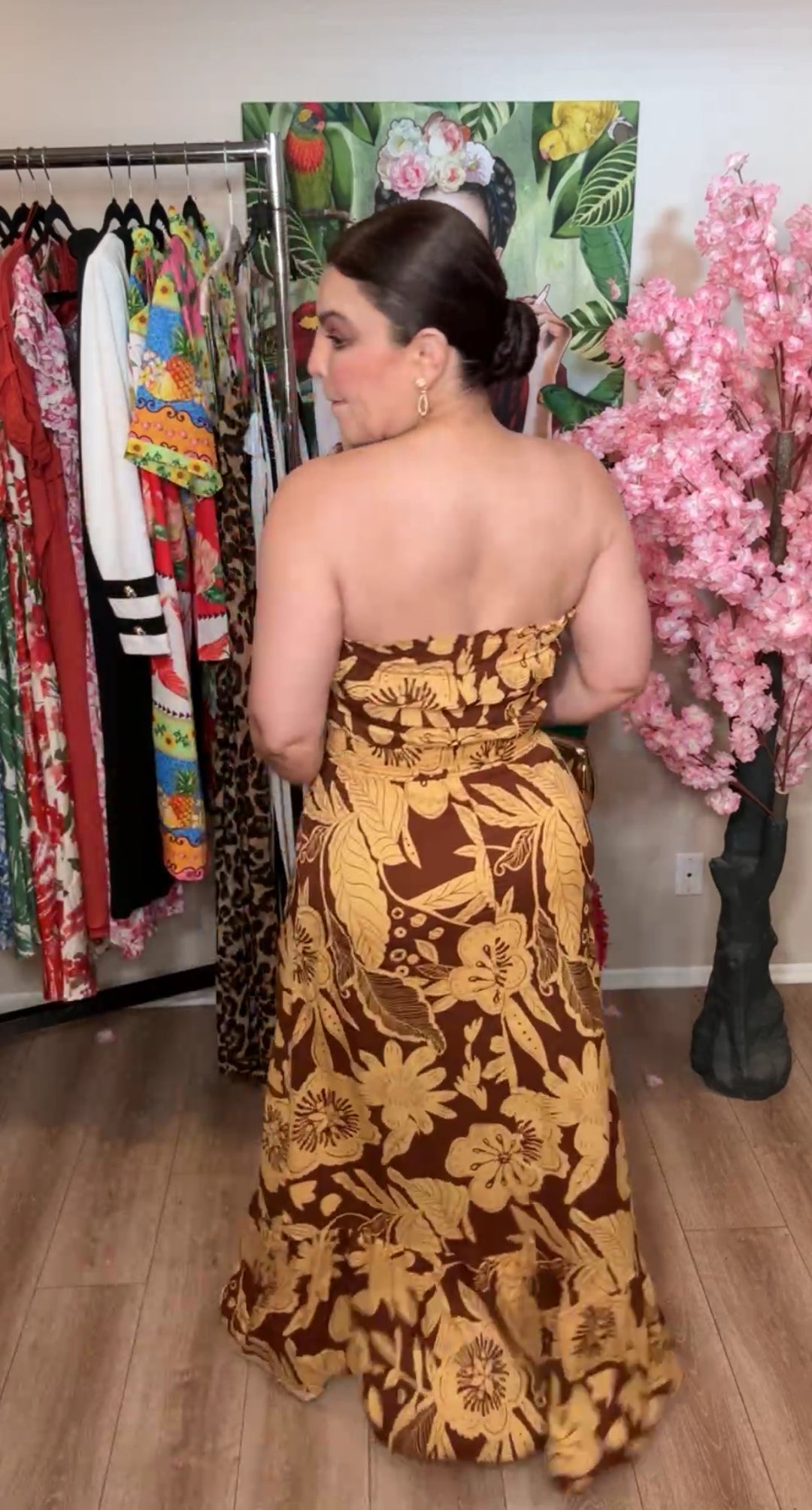 Vestido Cocoa y Mostaza Floral Tropical Strapless (#147)