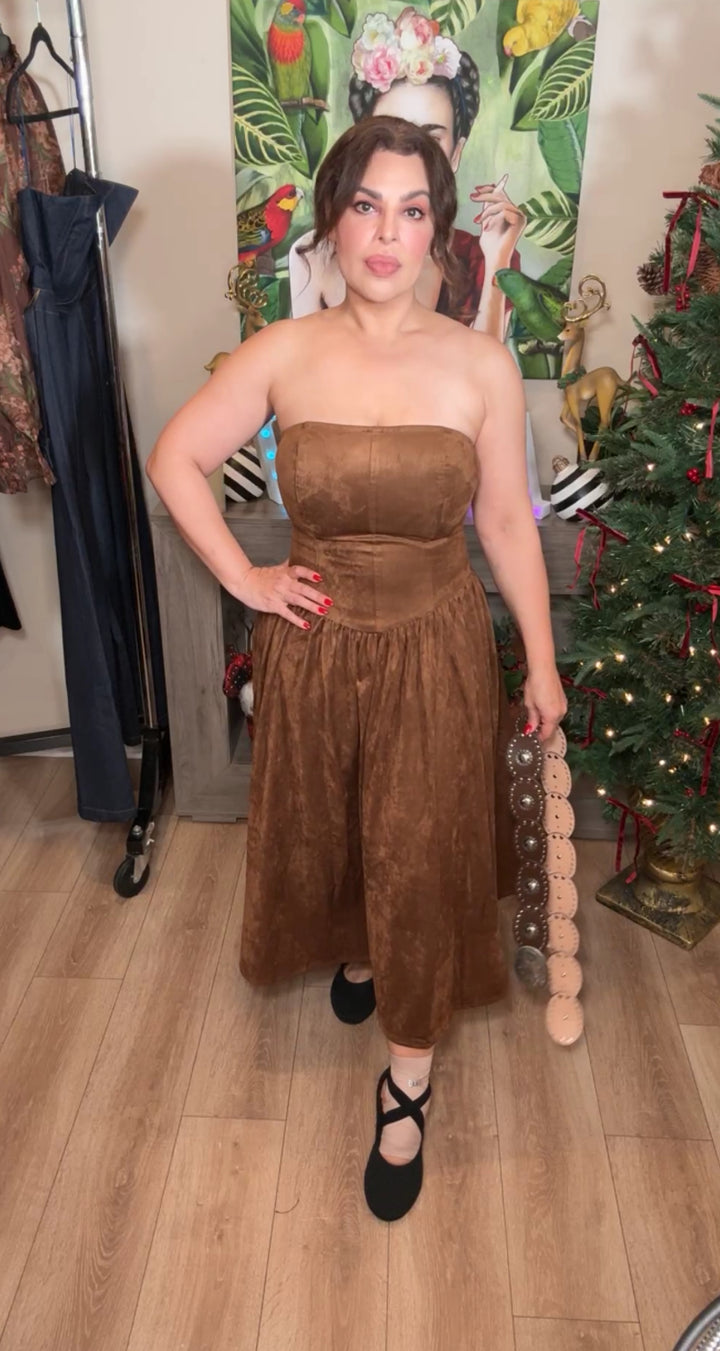 Vestido café chocolate gamuza corte princesa (#123)