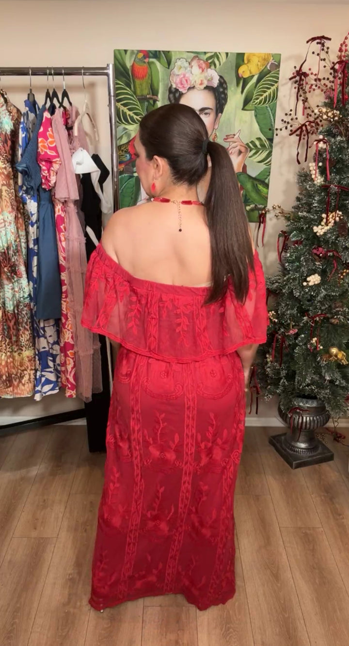 Vestido Rojo Crochet Cincha Elastica Maxi (#132)