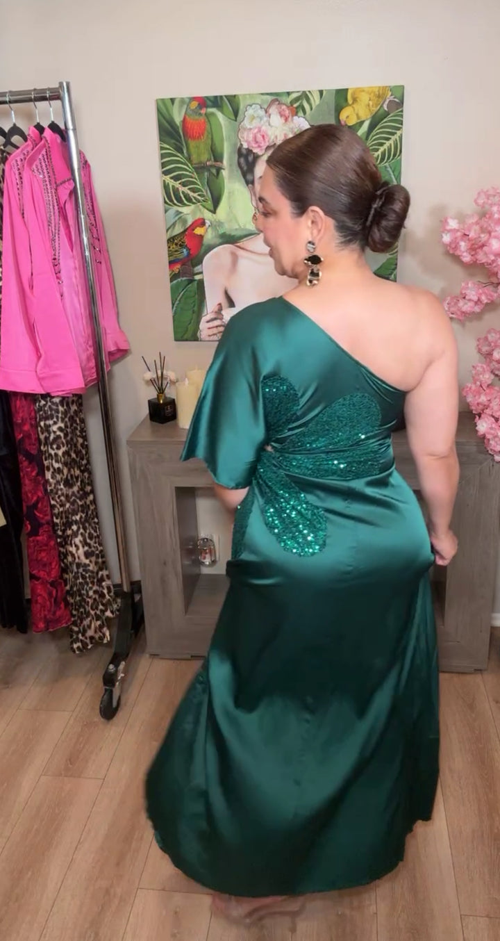 Vestido Verde Esmeralda Satinado Una Manga Flor Lentejuela Maxi (#112)