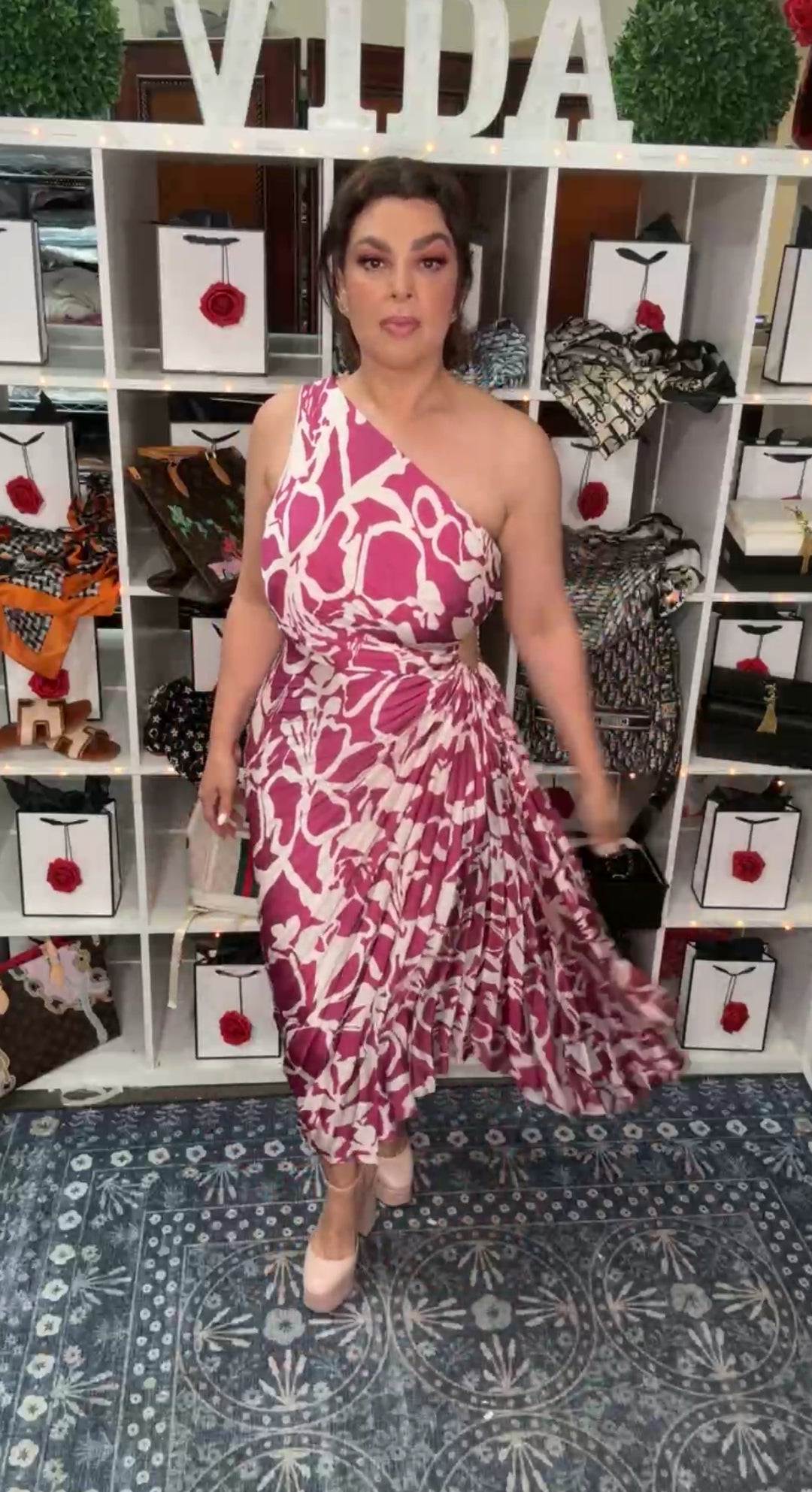 Vestido Morado y Beige Plizado One Shoulder (#151)