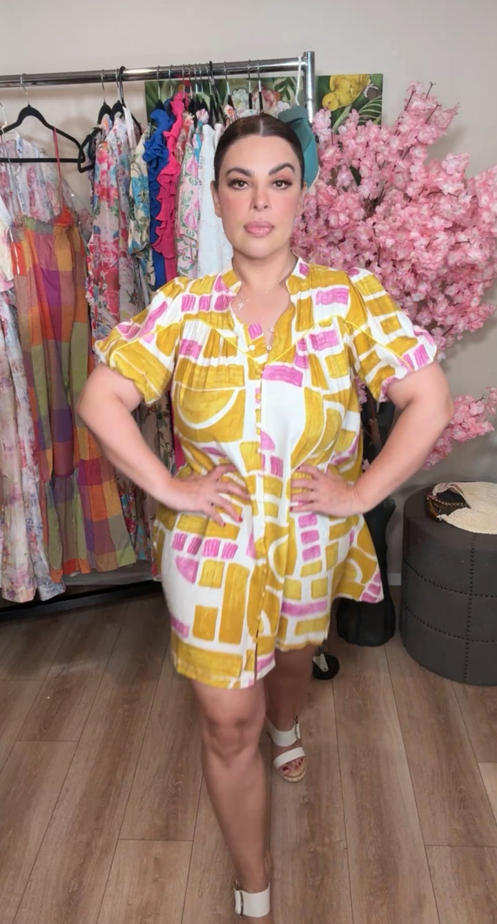 Vestido mostaza y magenta contemporáneo mini (