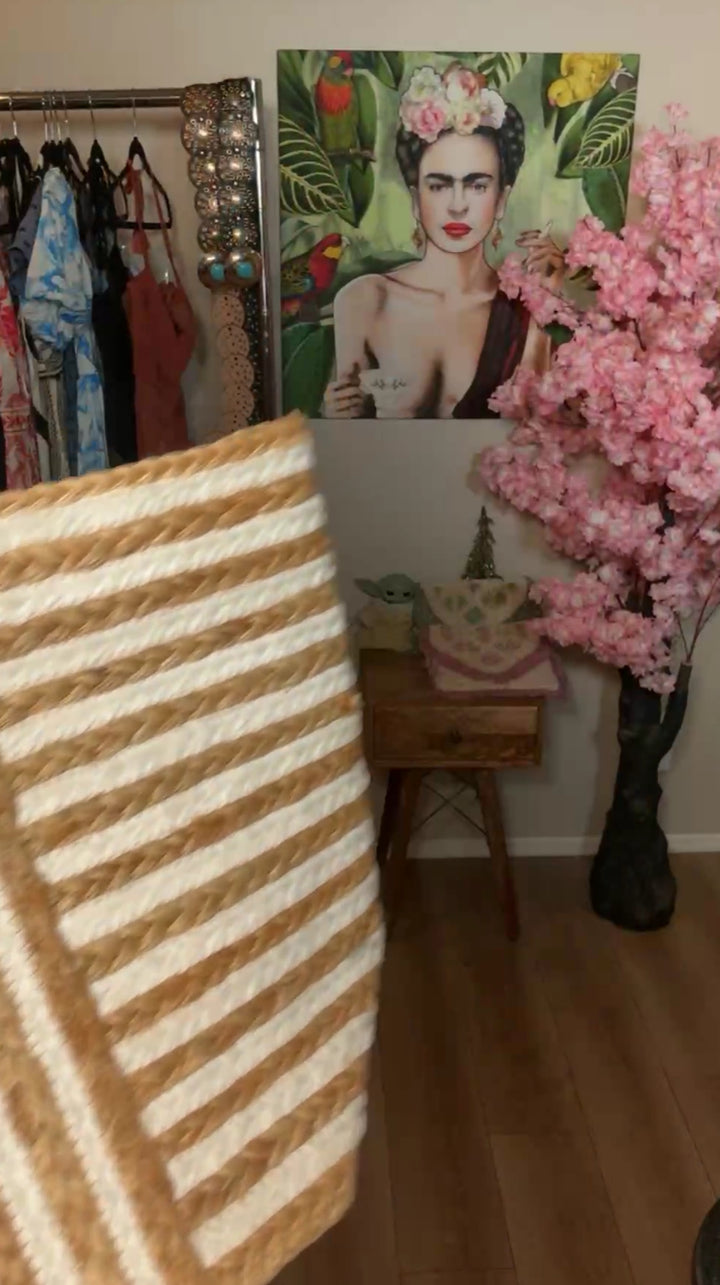 Bolsa Mocha Y Blanco Rayas Yute XL Madera Circular  (#113)