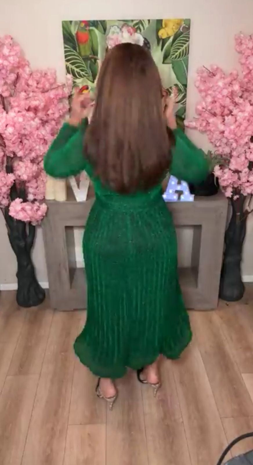 Vestido verde festivo falda plisada midi (#307)