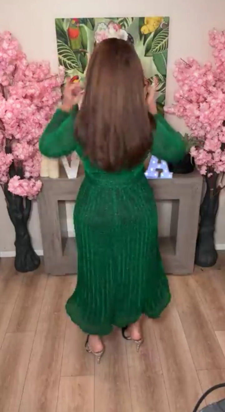 Vestido verde festivo falda plisada midi (#307)