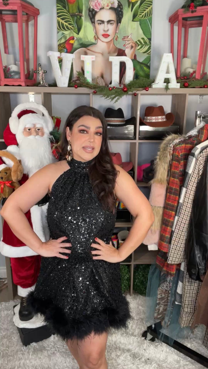 Vestido Negro Pluma y Lentejuelas Corte A Moño Espalda