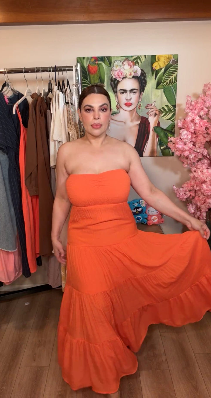 Vestido Naranja Strapless Flowy Linen (#156)