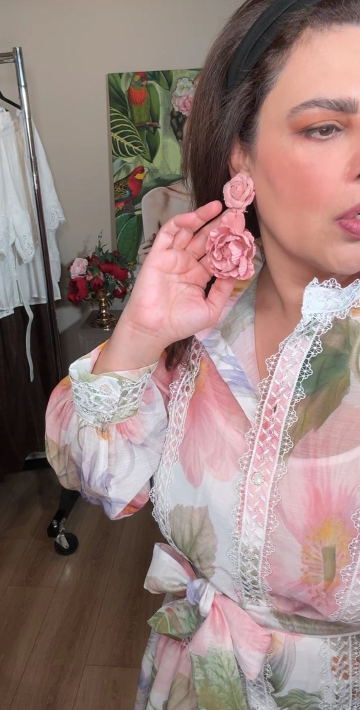 arete rosa palo flor doble gamuza (#109)