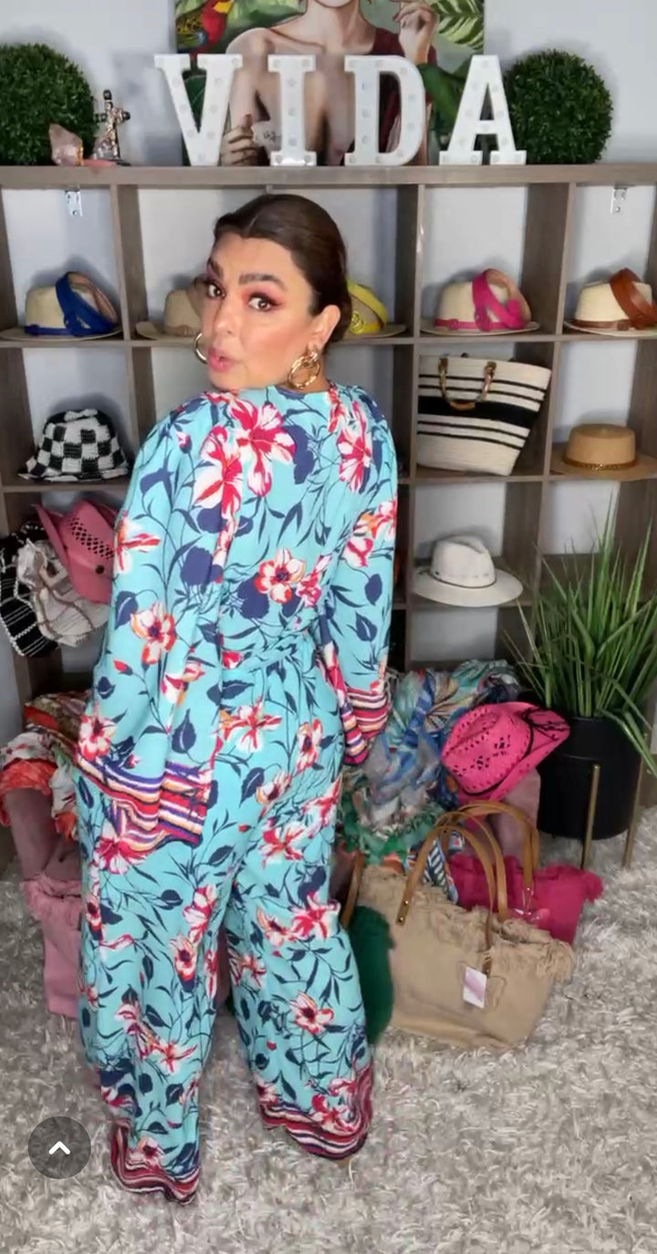 Enterizo Azul Floral Palazo con Cinto (#152)