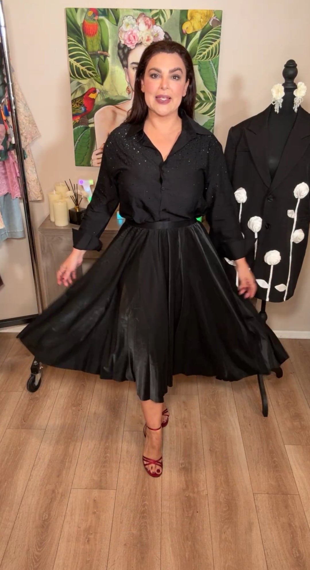 Falda Negra Shiny Circular Midi Cintura Stretch (#120)