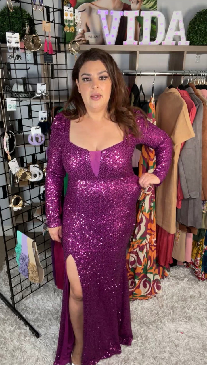 Vestido Magenta Lentejuelas Busto Transparencia Gala (#174)