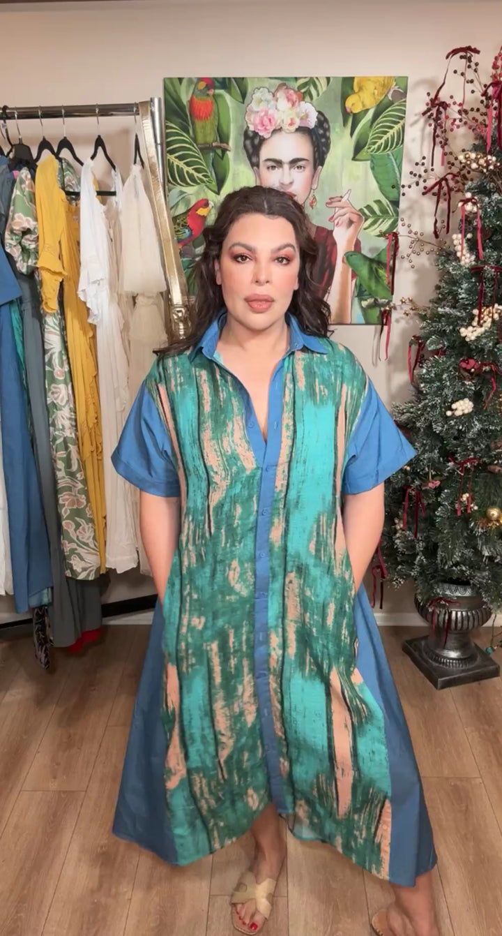 Vestido Azul Multi Paint Verde Maxi (#180)