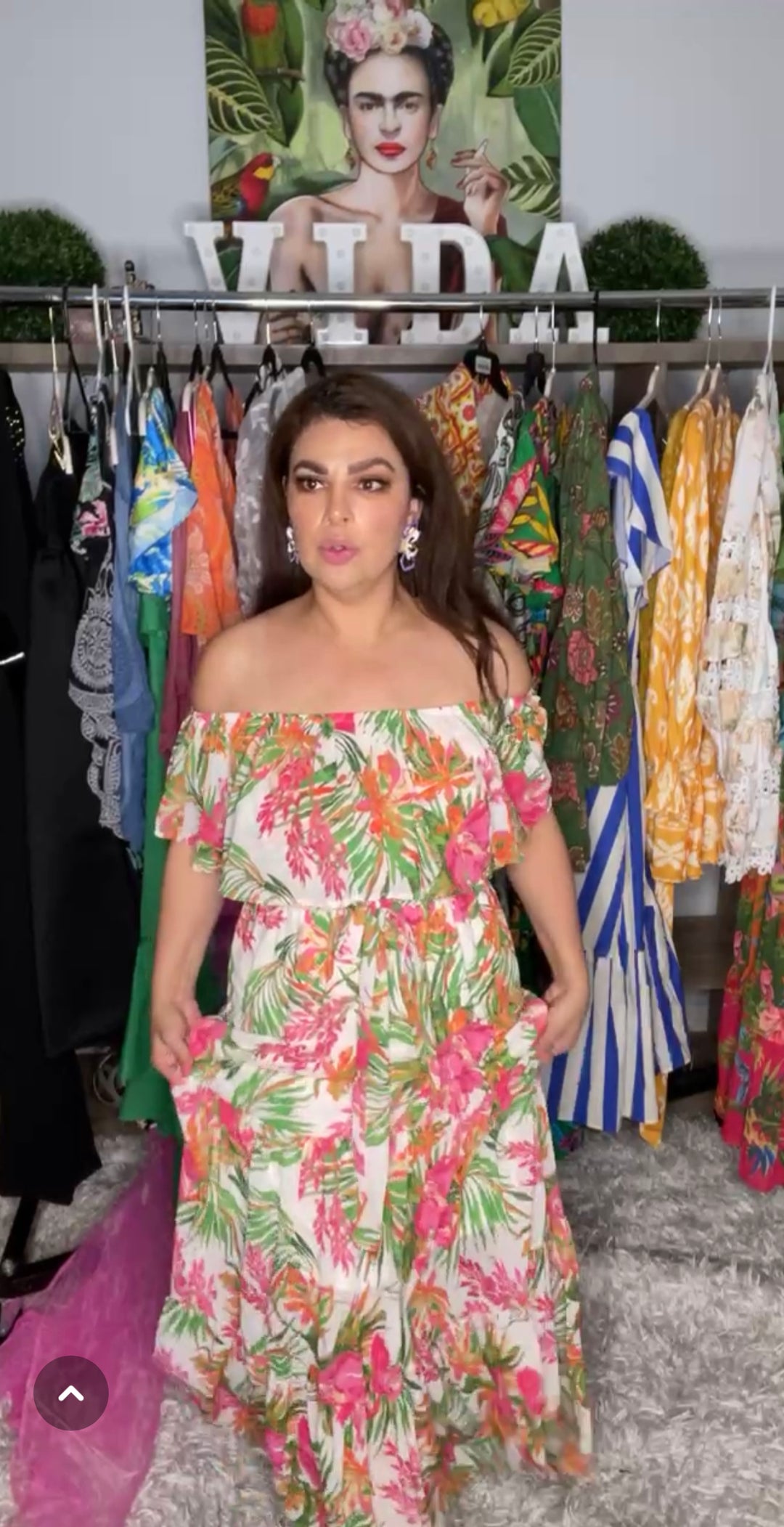 Vestido Beige Flor Rosa y Verde Off Shoulder Maxi (#206)