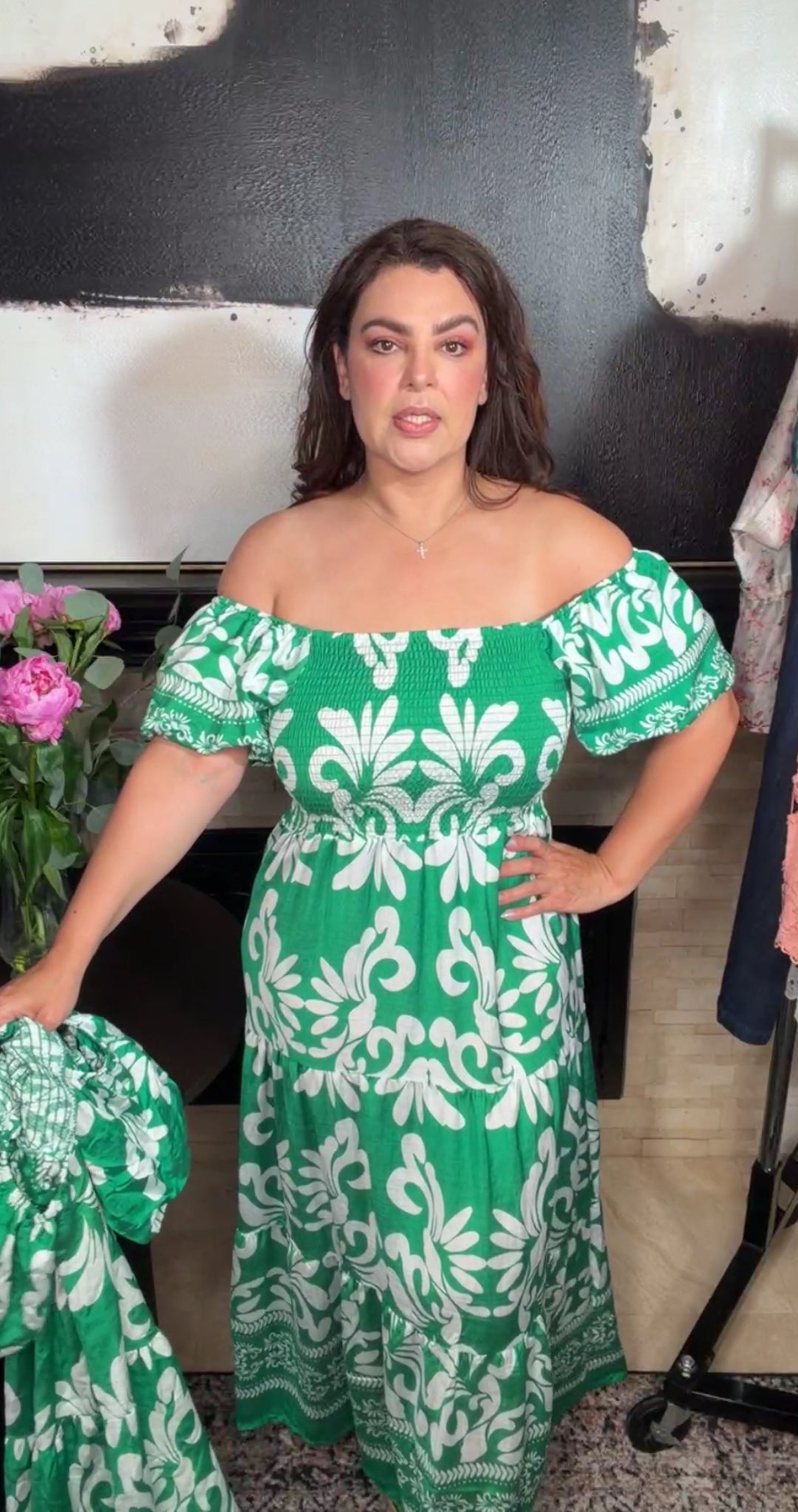 Vestido verde y blanco floral fresco midi (