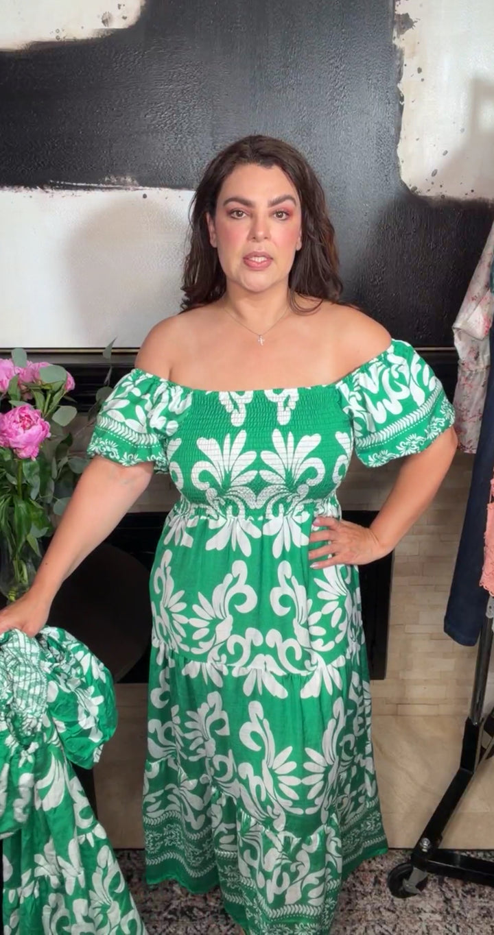 Vestido verde y blanco floral fresco midi (